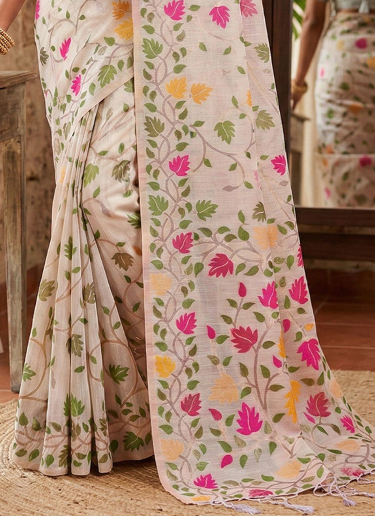 Dove White Premium Linen Cotton Saree With Floral Pattern - TrendOye