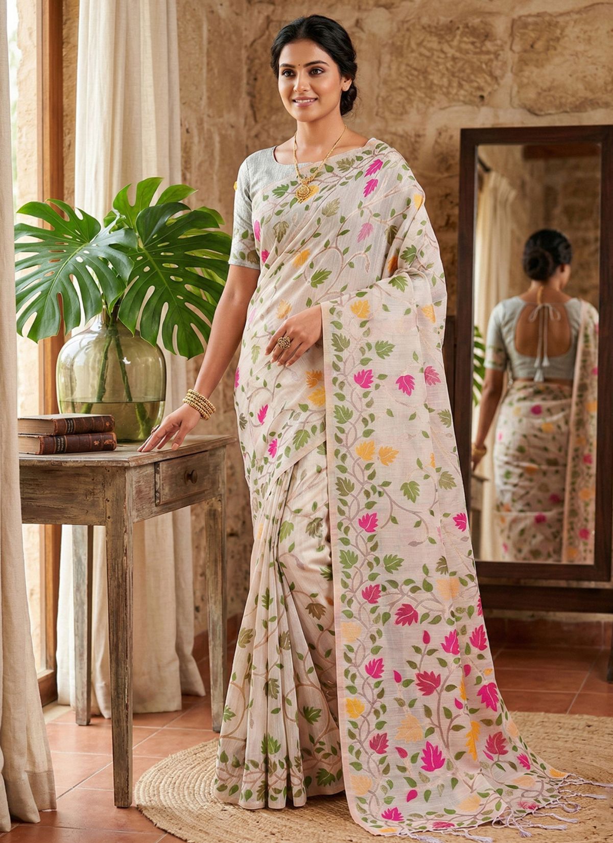 Dove White Premium Linen Cotton Saree With Floral Pattern - TrendOye