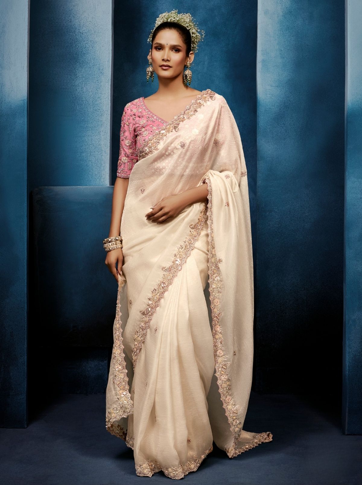 Off White Premium Sequin Embellished Designer Saree With Blouse - TrendOye