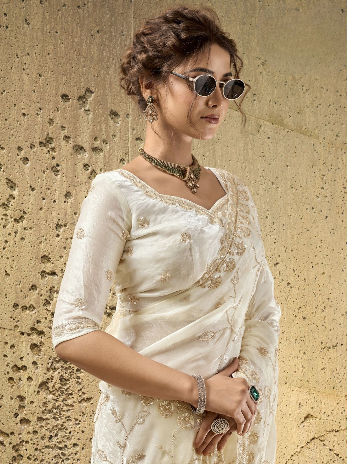 White Premium Velvet Satin Saree With Sequin & Zari Work