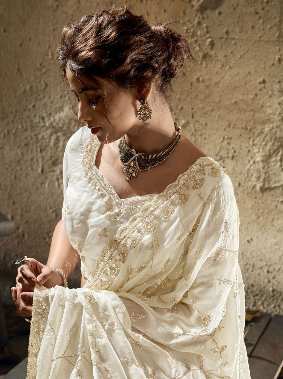 White Premium Velvet Satin Saree With Sequin & Zari Work