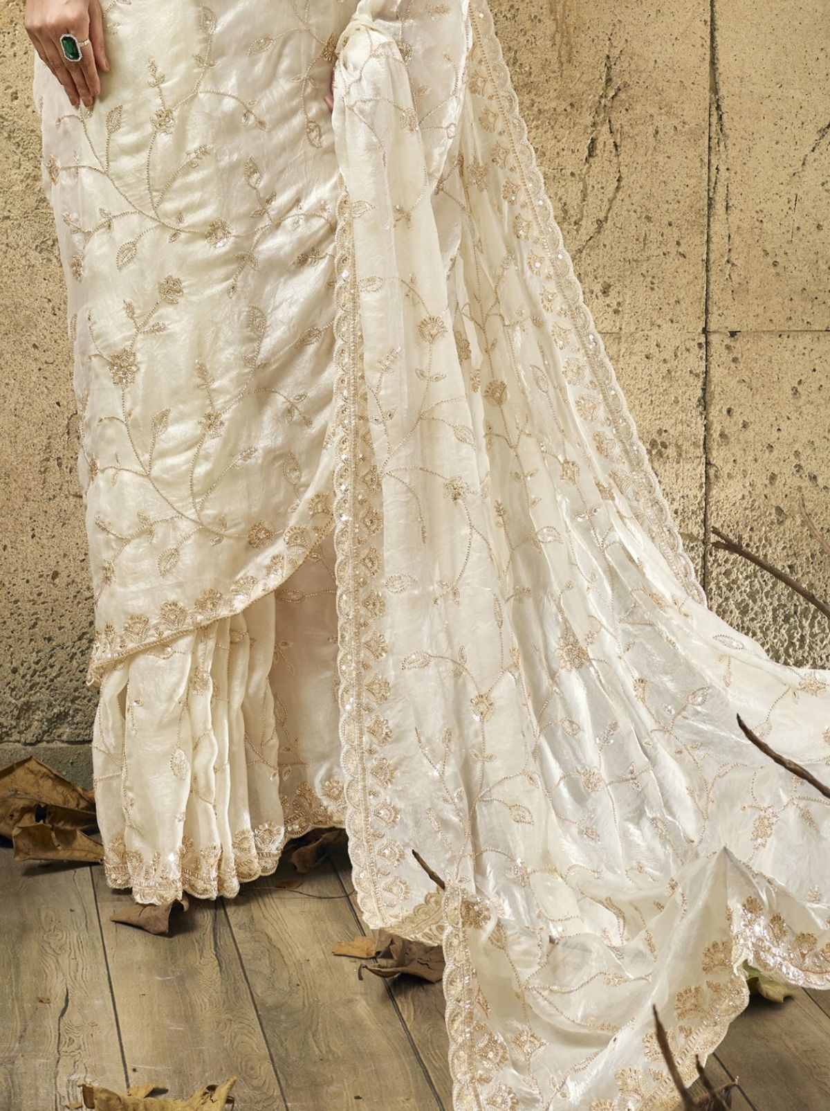 White Premium Velvet Satin Saree With Sequin & Zari Work