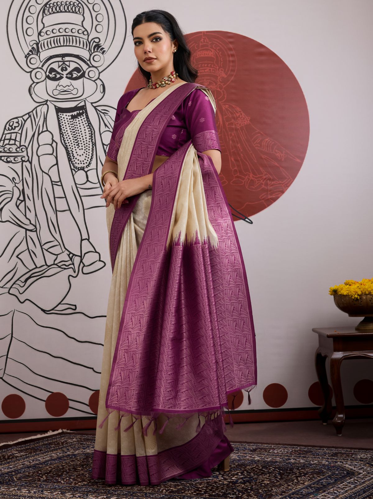 White-Purple Pongal Saree With Soft Gold Zari Weaving