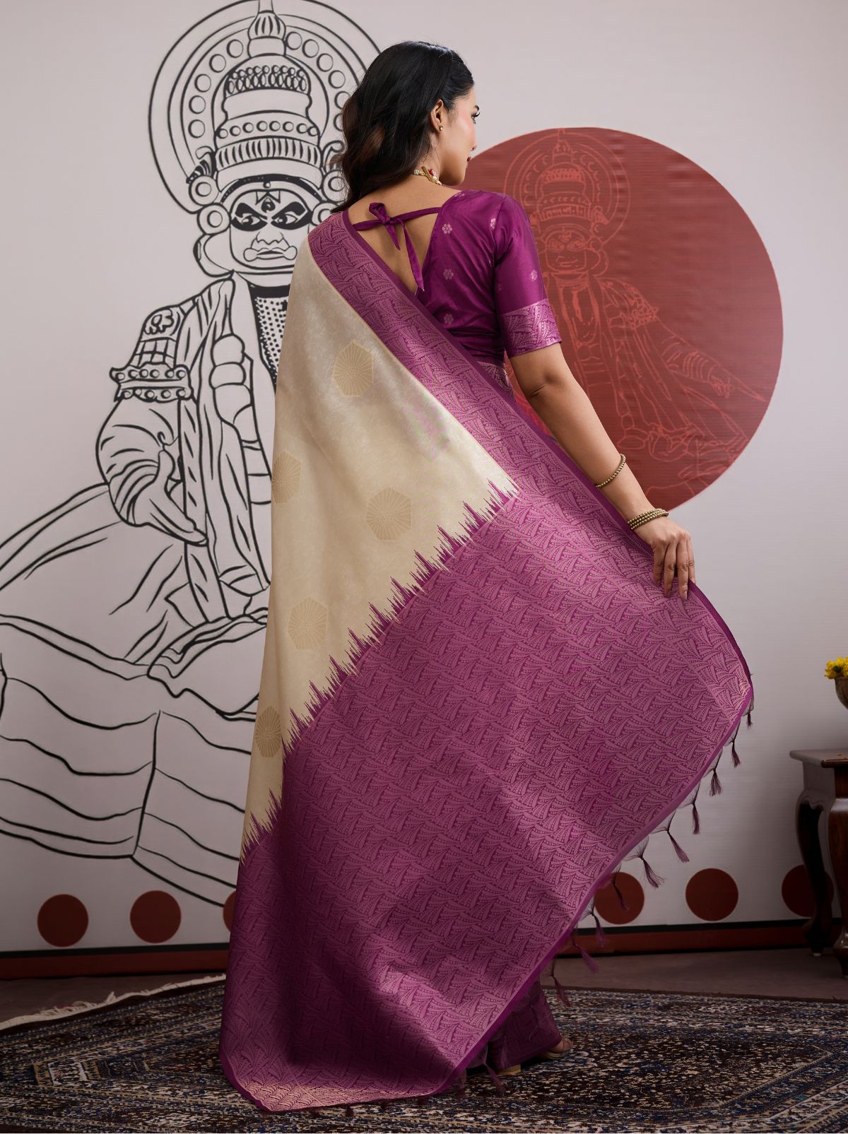 White-Purple Pongal Saree With Soft Gold Zari Weaving