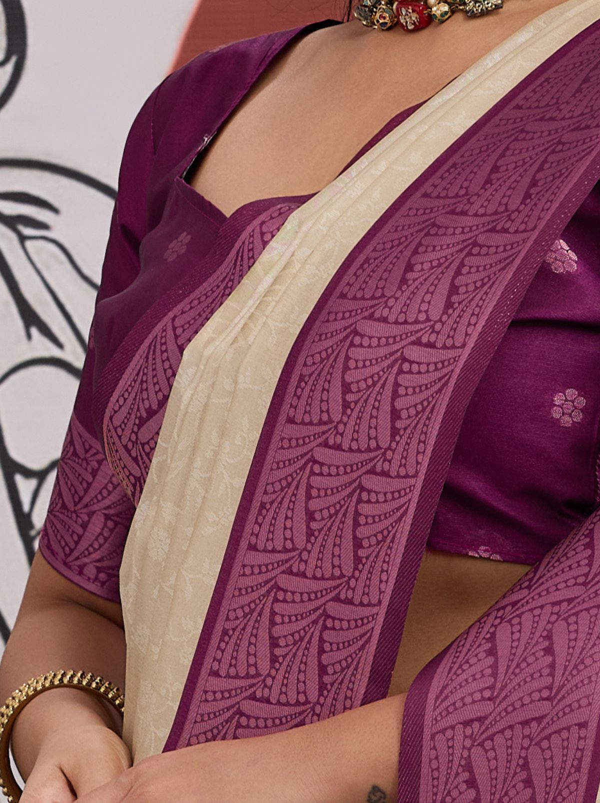 White-Purple Pongal Saree With Soft Gold Zari Weaving