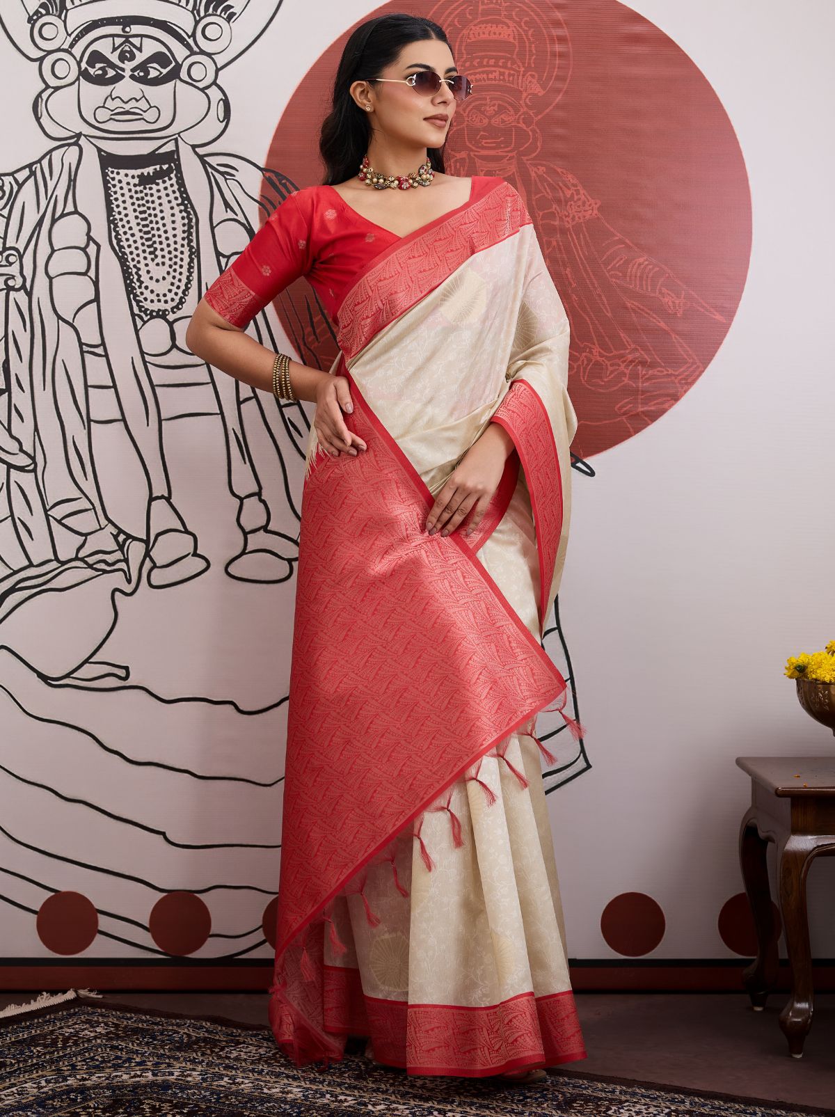 White-Red Pongal Saree With Soft Gold Zari Weaving