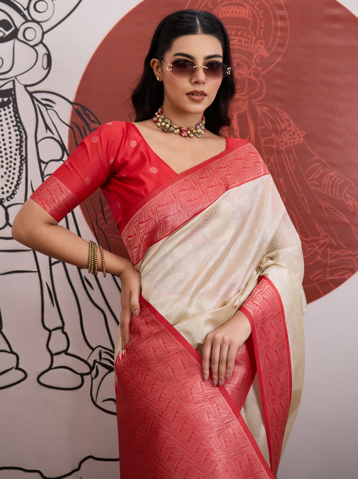 White-Red Pongal Saree With Soft Gold Zari Weaving