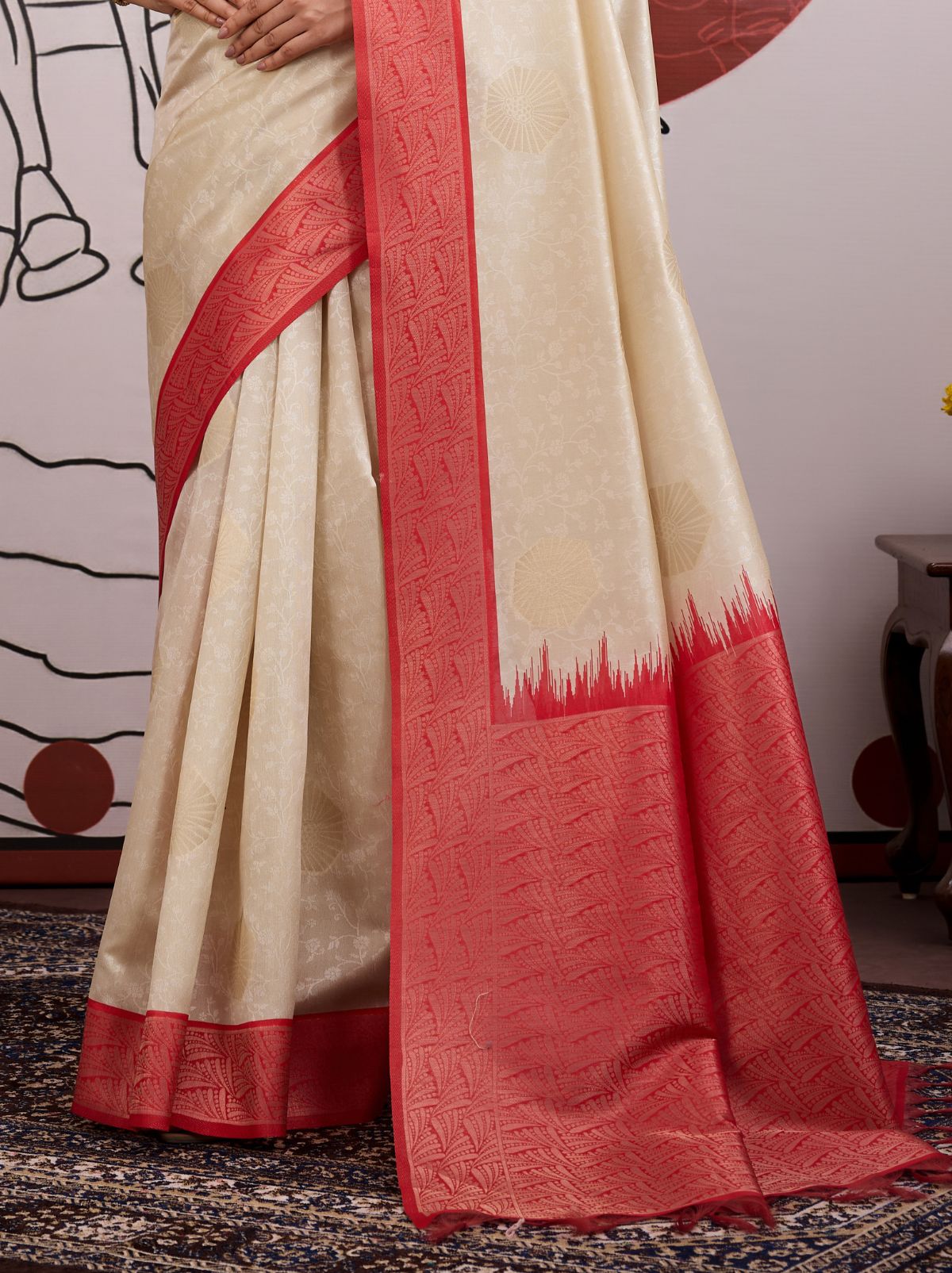 White-Red Pongal Saree With Soft Gold Zari Weaving