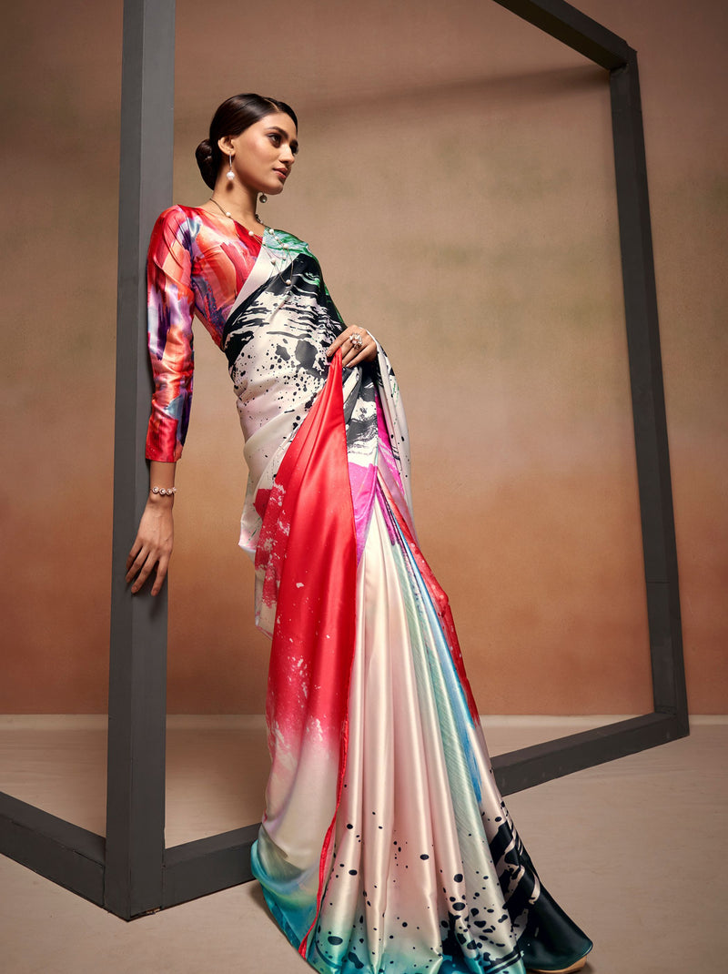 White-Multicolor Satin Silk Designer Saree - TrendOye