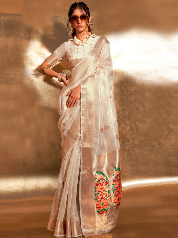 Bavarain Cream Paithani Tissue Silk Blended Saree - TrendOye