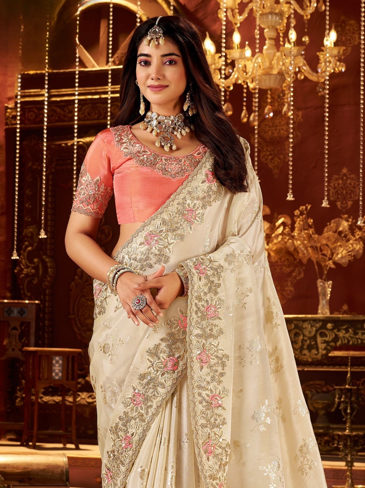 Ivory White Traditional Bridal Saree With Designer Blouse Piece