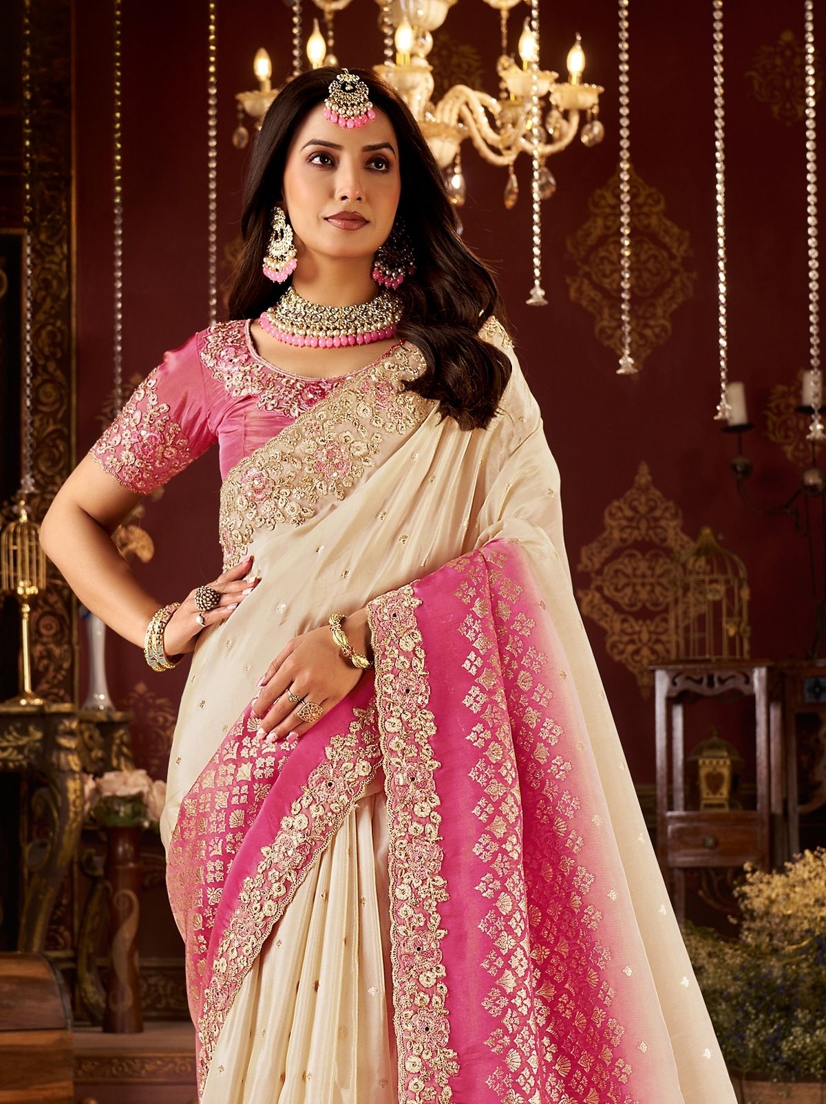 Cream Traditional Bridal Saree With Designer Blouse Piece