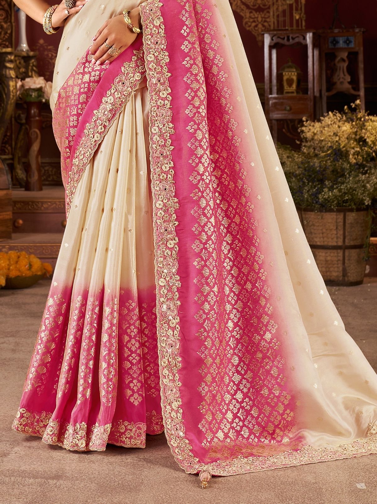 Cream Traditional Bridal Saree With Designer Blouse Piece