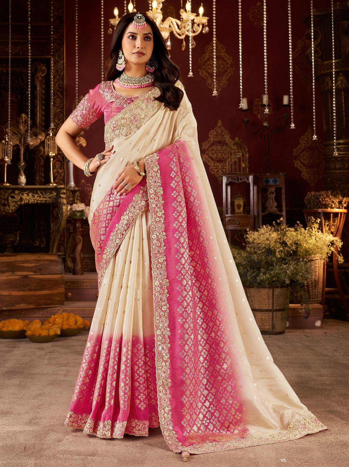 Cream Traditional Bridal Saree With Designer Blouse Piece