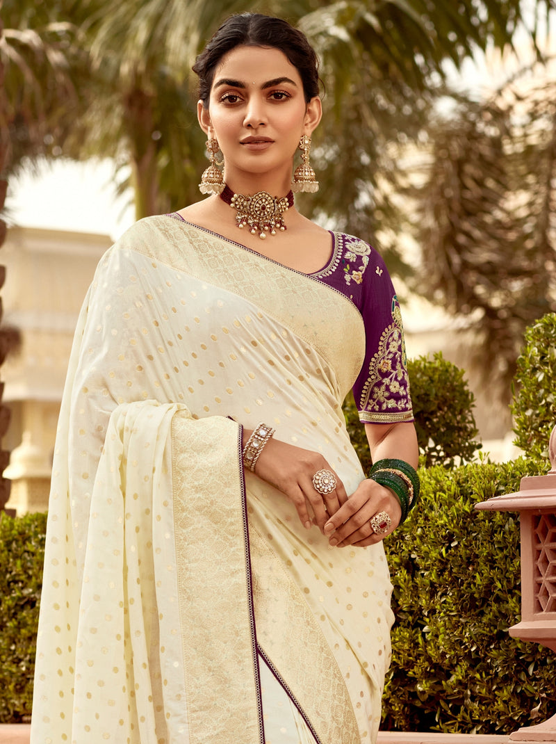 Ivory White Designer Dola Silk Wedding Saree