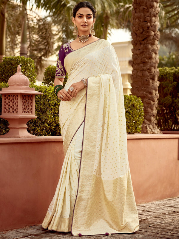 Ivory White Designer Dola Silk Wedding Saree