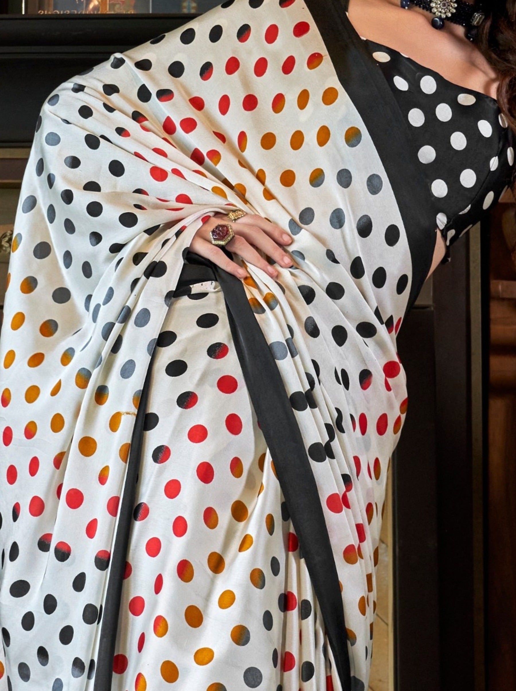 White Satin Crepe Patola Party Saree - TrendOye