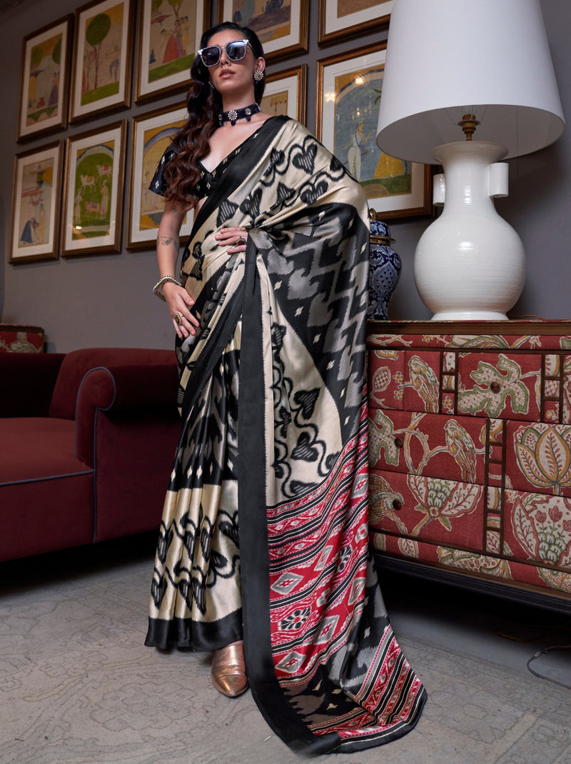 White & Black Satin Crepe Patola Party Saree