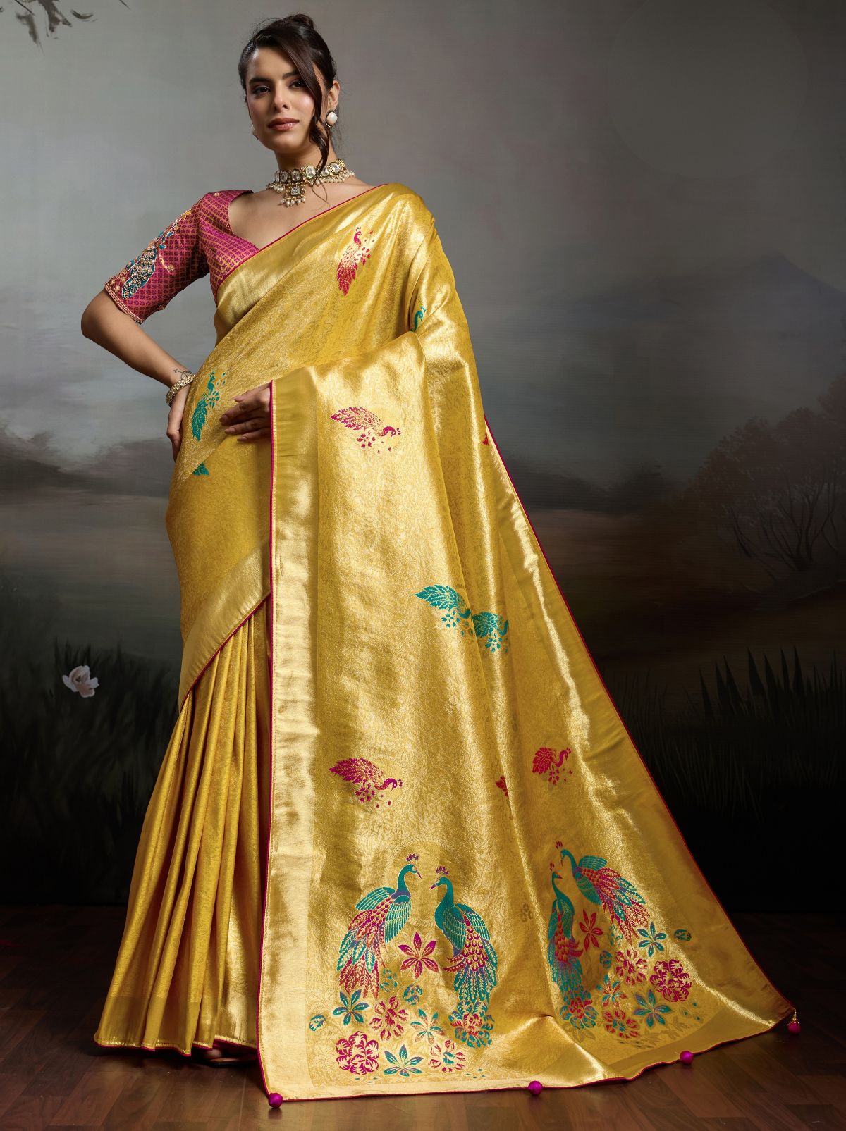 Golden Yellow Banarasi Silk Festive Saree With Embroidery Work