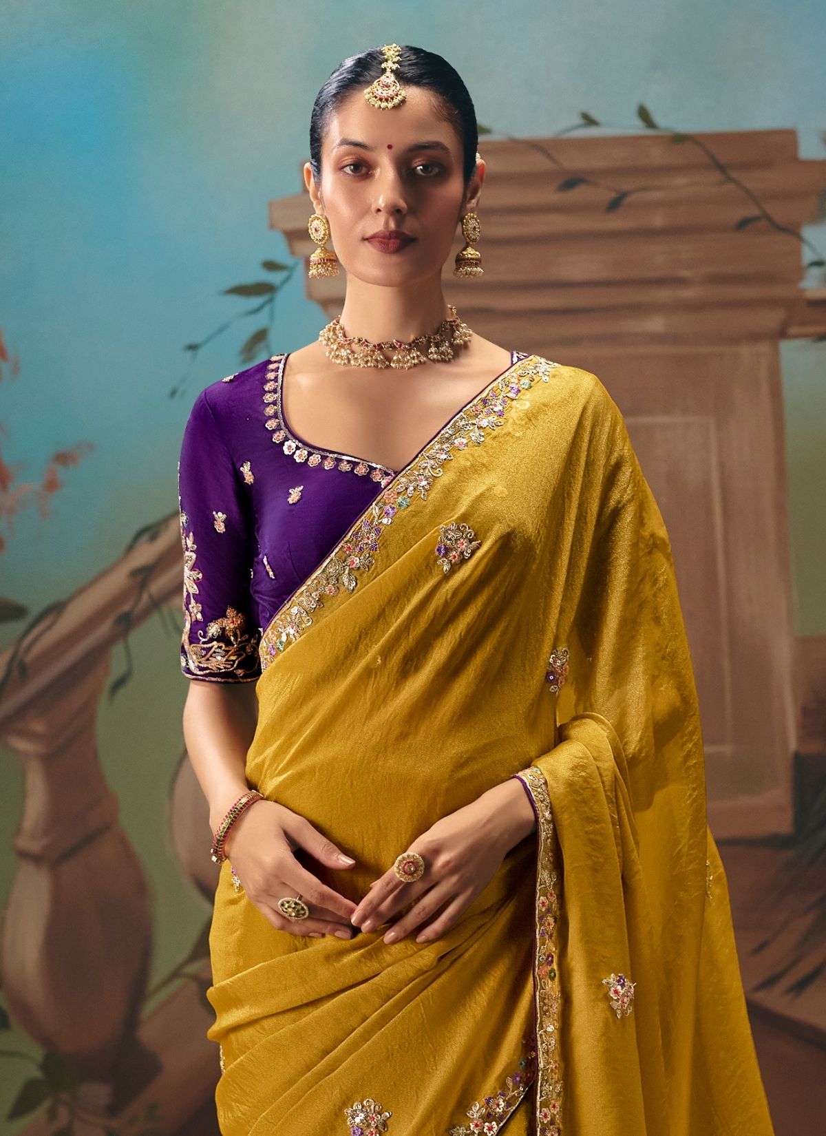 Corn Yellow Celebration Fancy Saree With Premium Blouse Piece - TrendOye