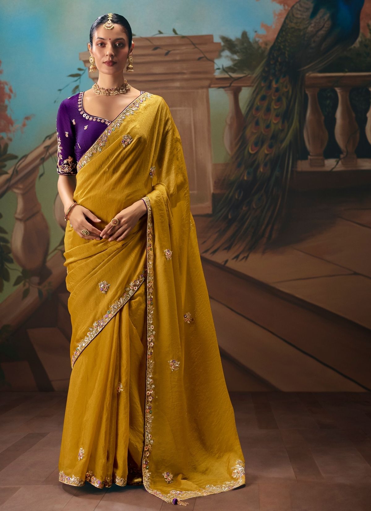 Corn Yellow Celebration Fancy Saree With Premium Blouse Piece - TrendOye