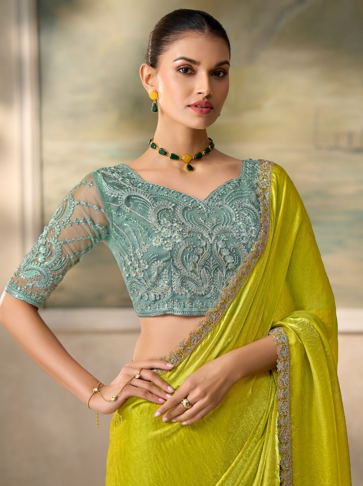 Neon Yellow Contemporary Sequin Statement Saree