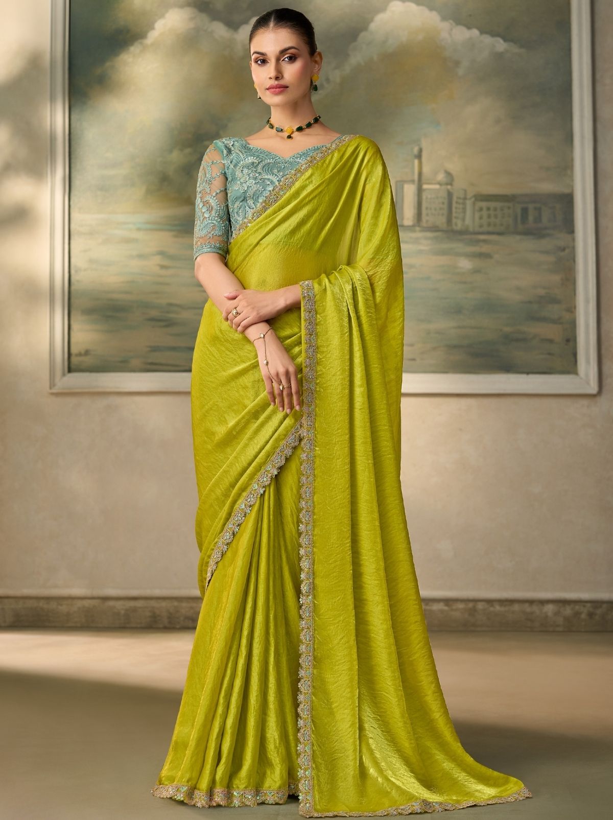 Neon Yellow Contemporary Sequin Statement Saree