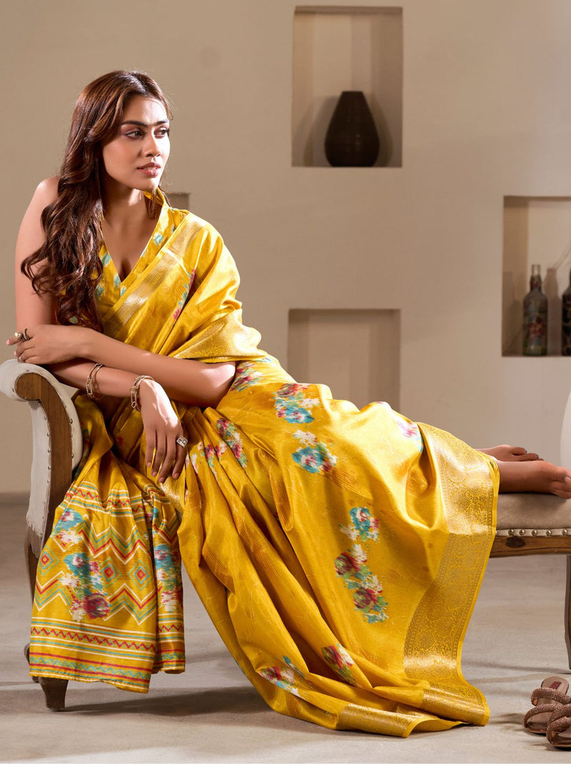 Cyber Yellow Premium Dola Silk Designer Saree