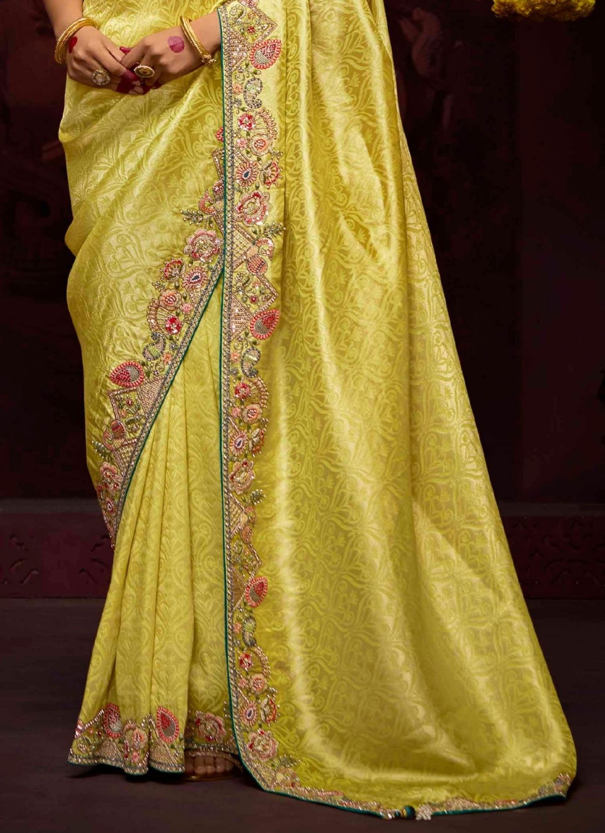 Lemon Yellow Designer Banarasi Kanjivaram Silk Saree for Wedding - TrendOye