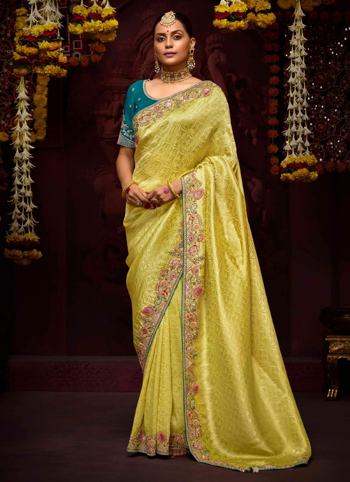 Lemon Yellow Designer Banarasi Kanjivaram Silk Saree for Wedding - TrendOye