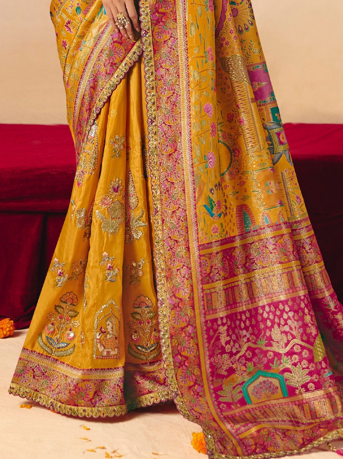 Corn Yellow Designer Dola Silk Saree with Embroidery