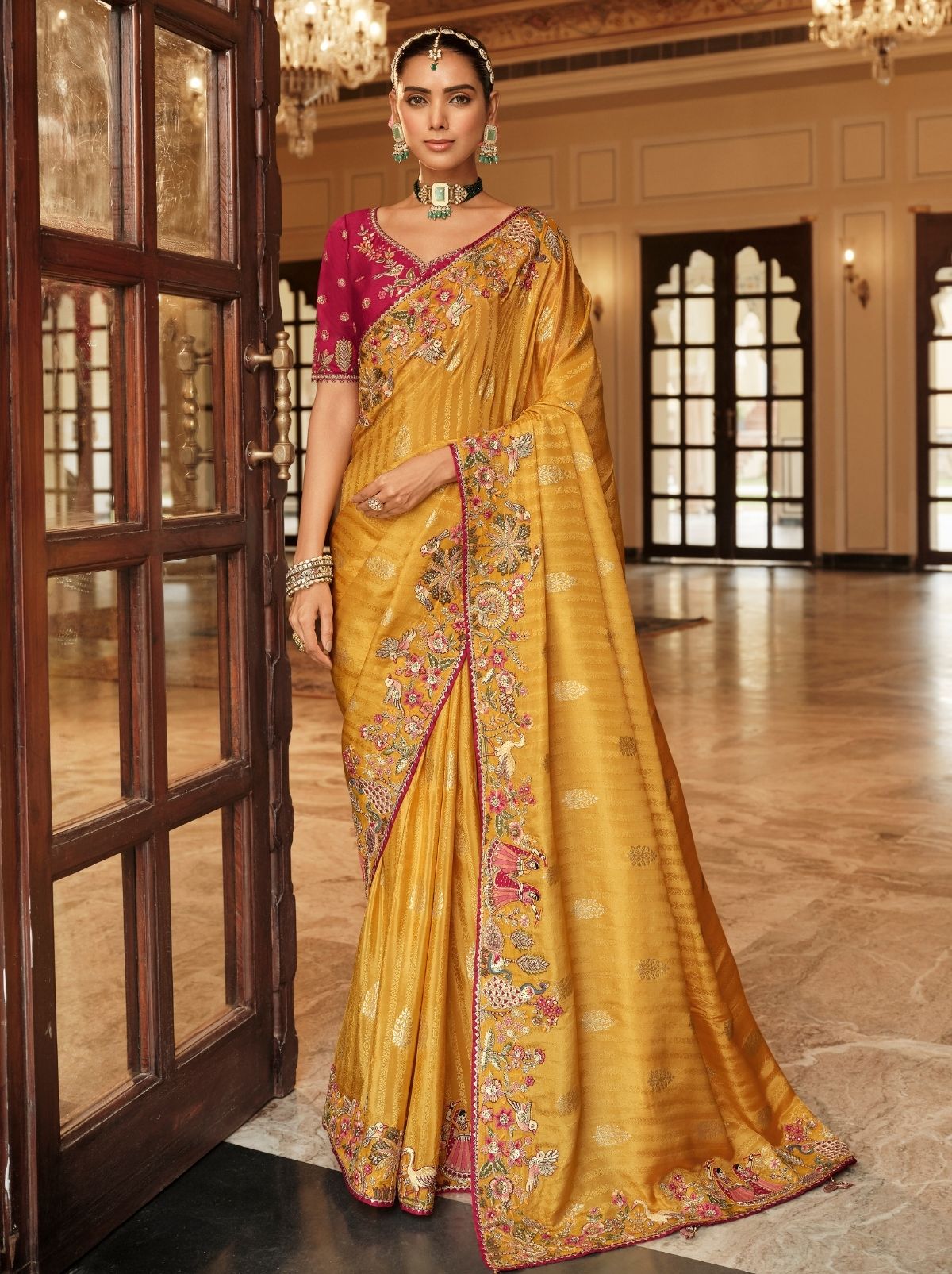 Mustard Yellow Elegant Designer Wedding Wear Saree With Blouse Piece - TrendOye