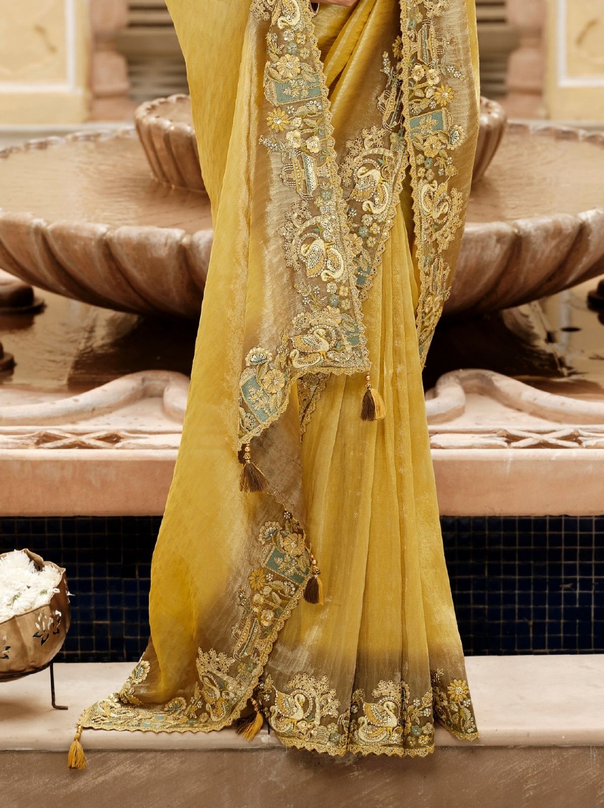 Royal Yellow Fine Soft Silk Saree with Heavy Embroidery Work - TrendOye