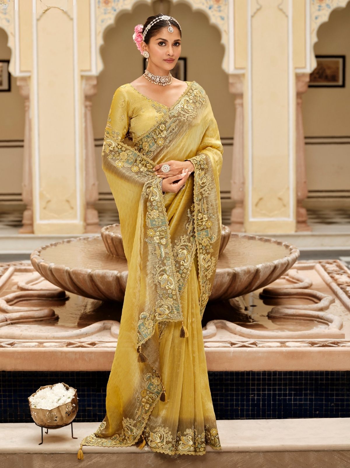 Royal Yellow Fine Soft Silk Saree with Heavy Embroidery Work - TrendOye