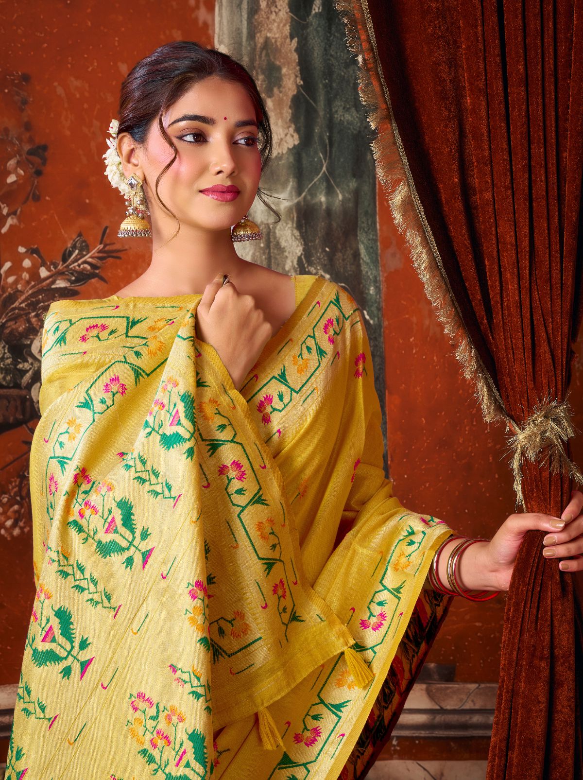 Bright Yellow Elegant Tissue Silk Saree With Paithani Pallu
