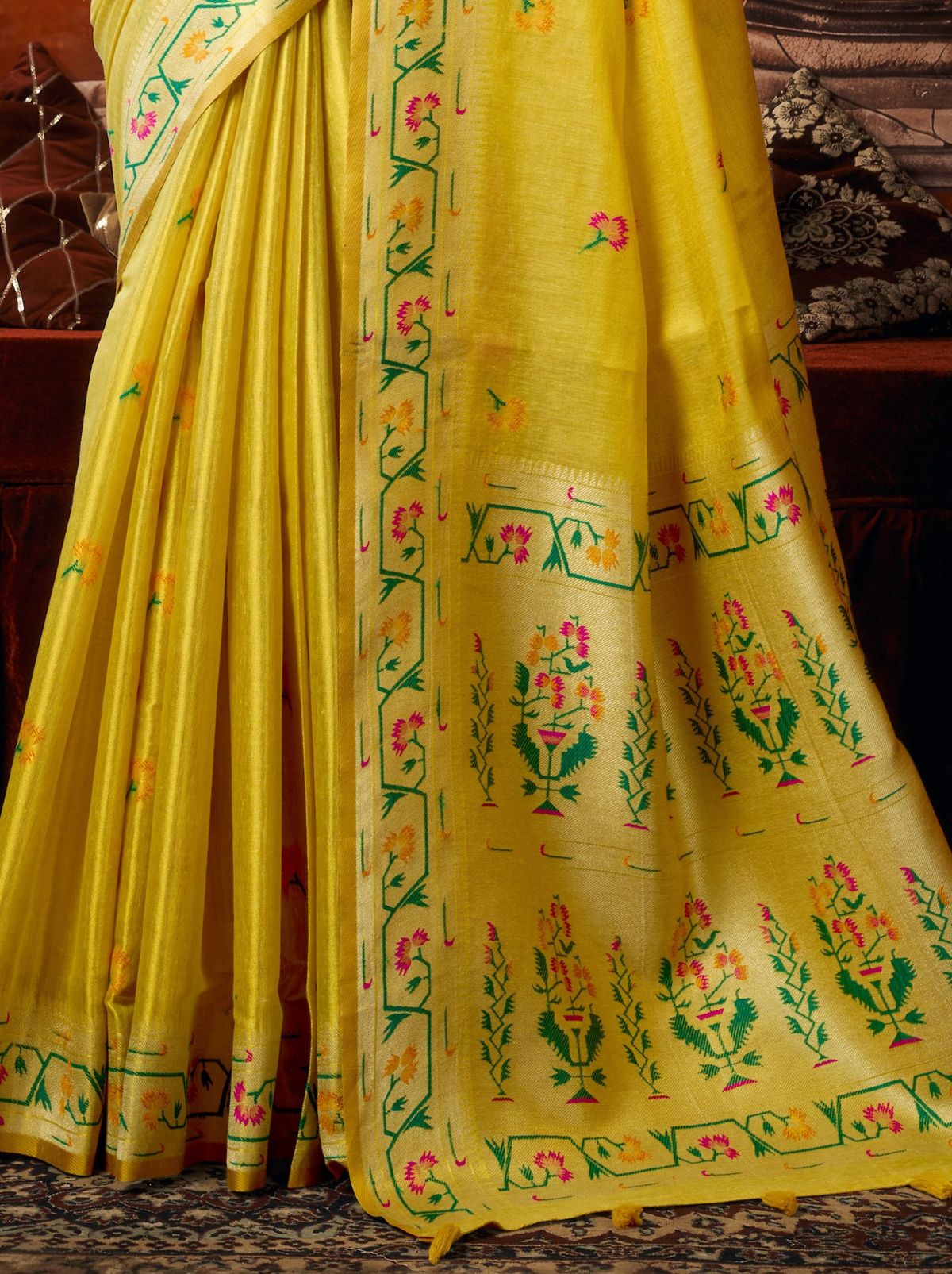 Bright Yellow Elegant Tissue Silk Saree With Paithani Pallu