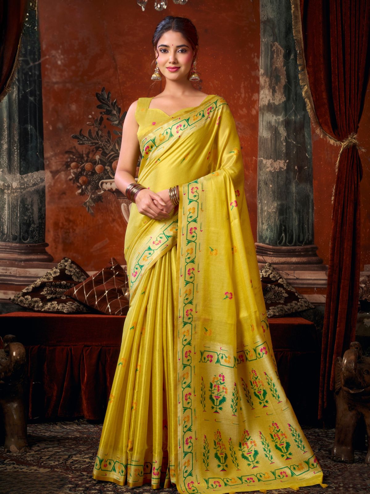 Bright Yellow Elegant Tissue Silk Saree With Paithani Pallu