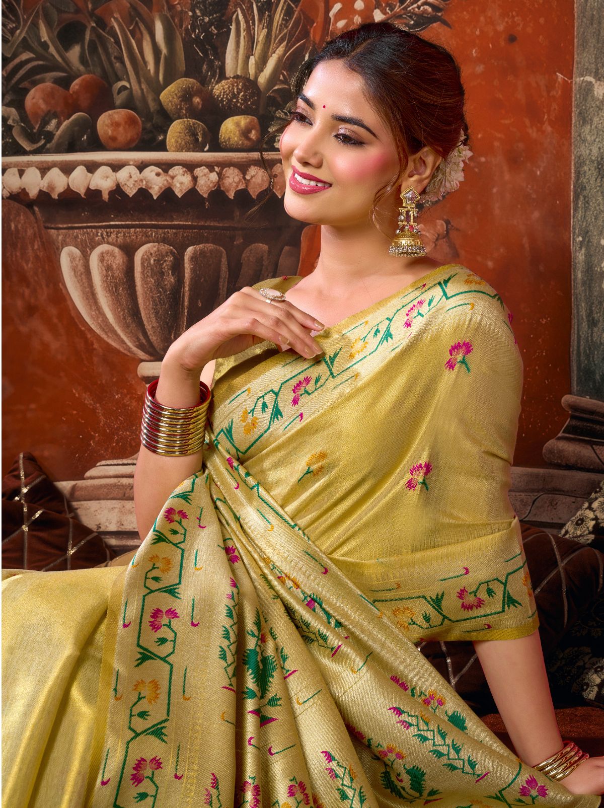 Pastel Yellow Elegant Tissue Silk Saree With Paithani Pallu