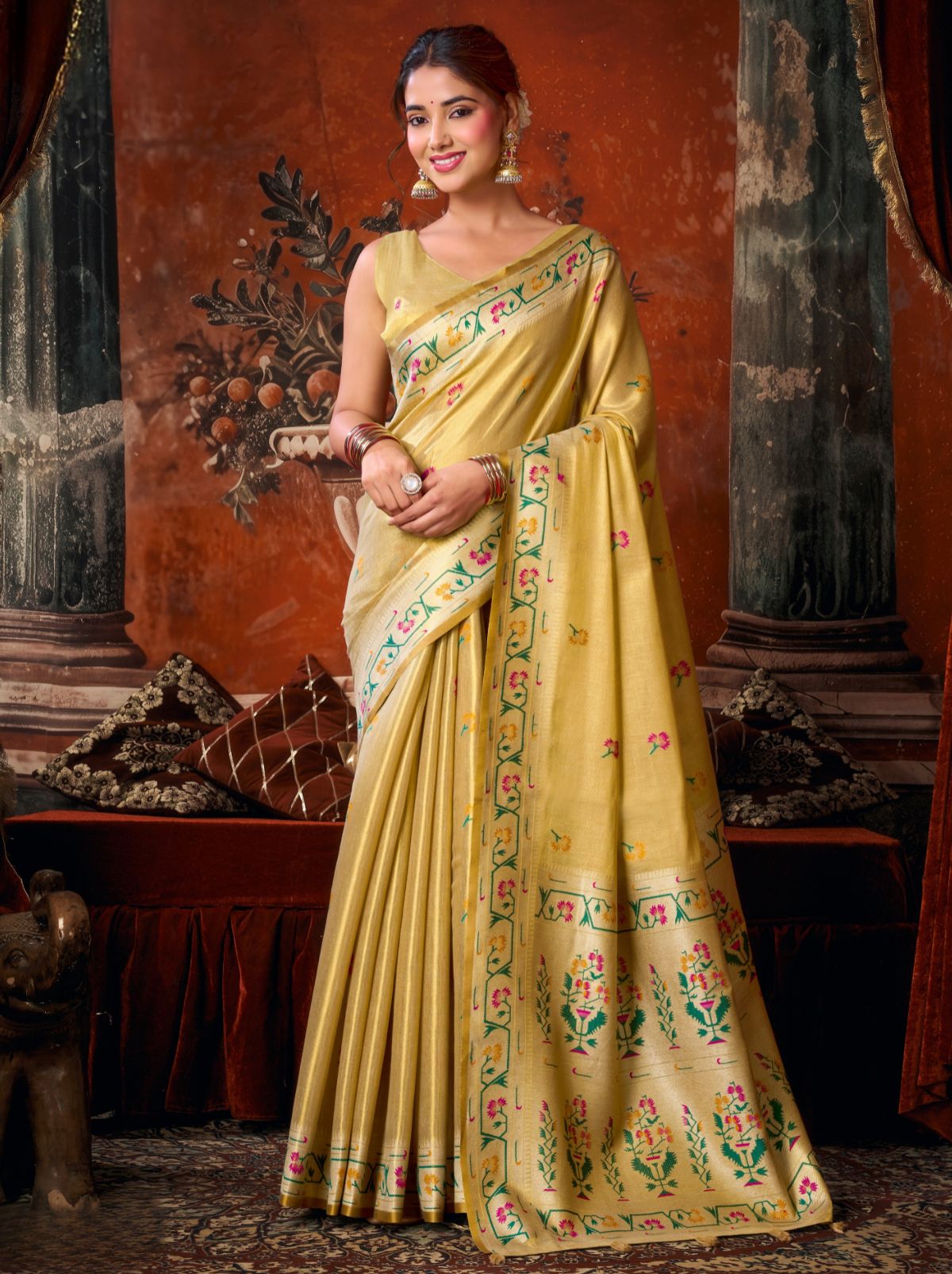 Pastel Yellow Elegant Tissue Silk Saree With Paithani Pallu
