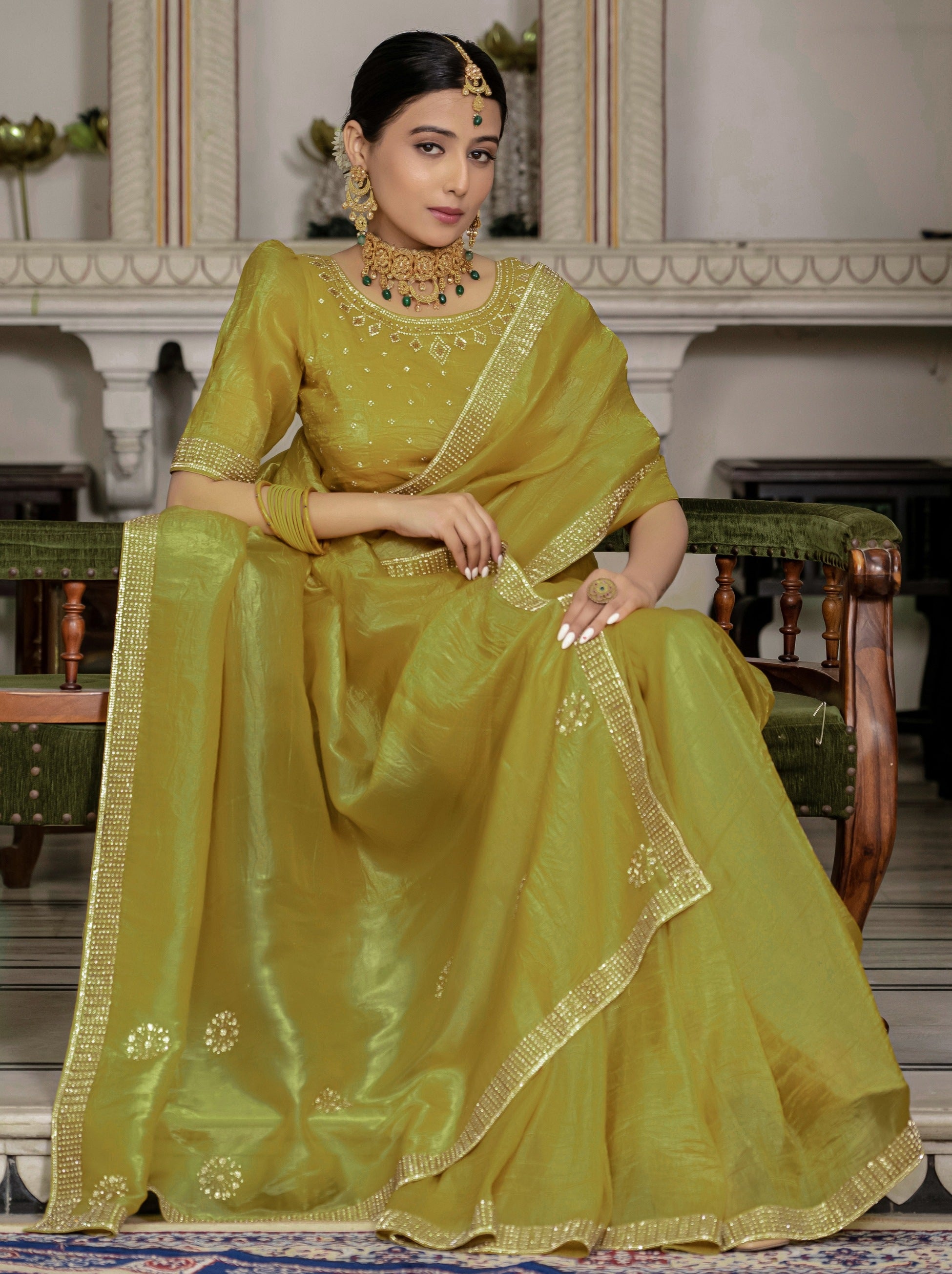 Mustard Yellow Premium Crush Silk Saree Embellished With Zircon Work