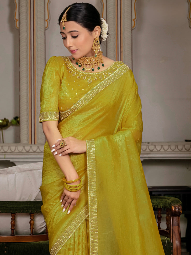Mustard Yellow Premium Crush Silk Saree Embellished With Zircon Work