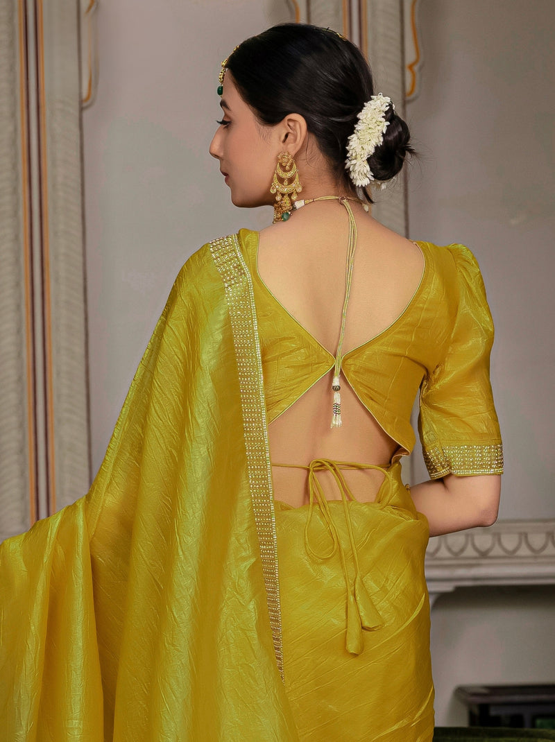Mustard Yellow Premium Crush Silk Saree Embellished With Zircon Work