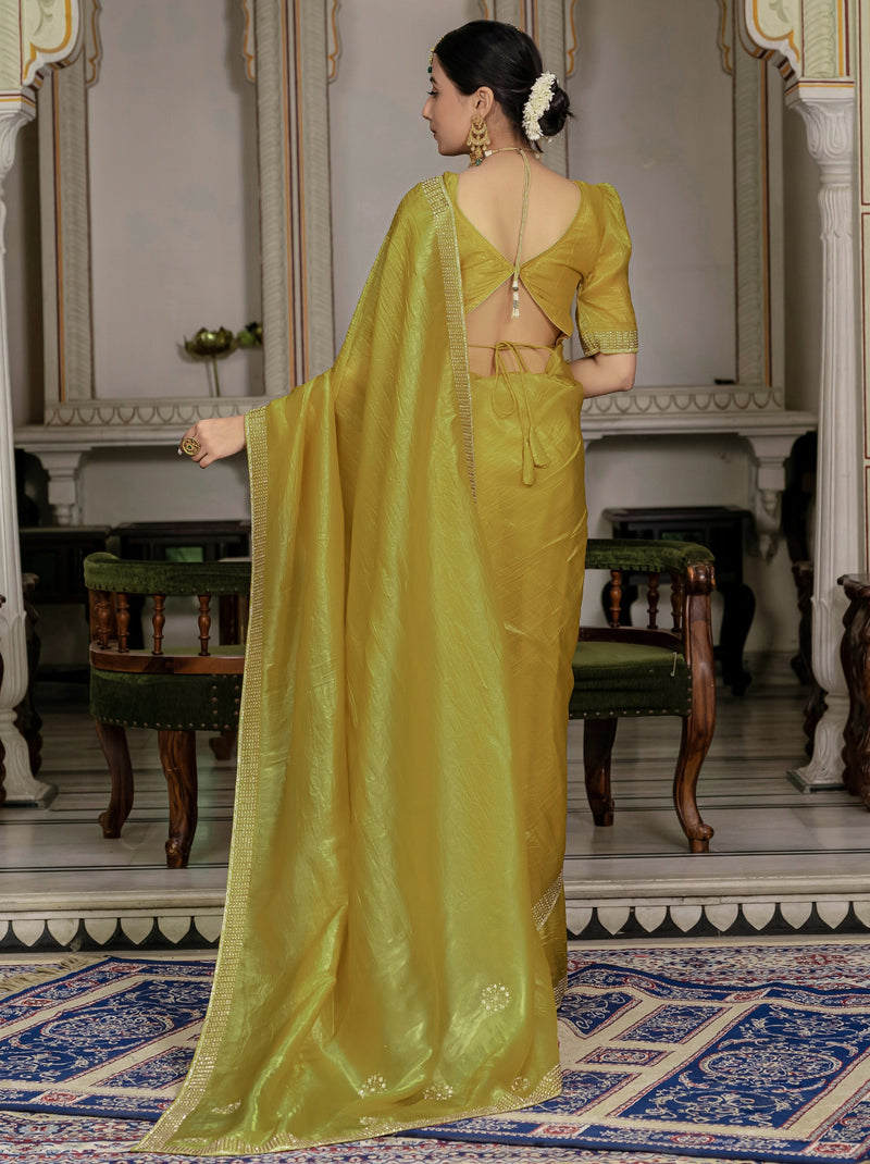Mustard Yellow Premium Crush Silk Saree Embellished With Zircon Work