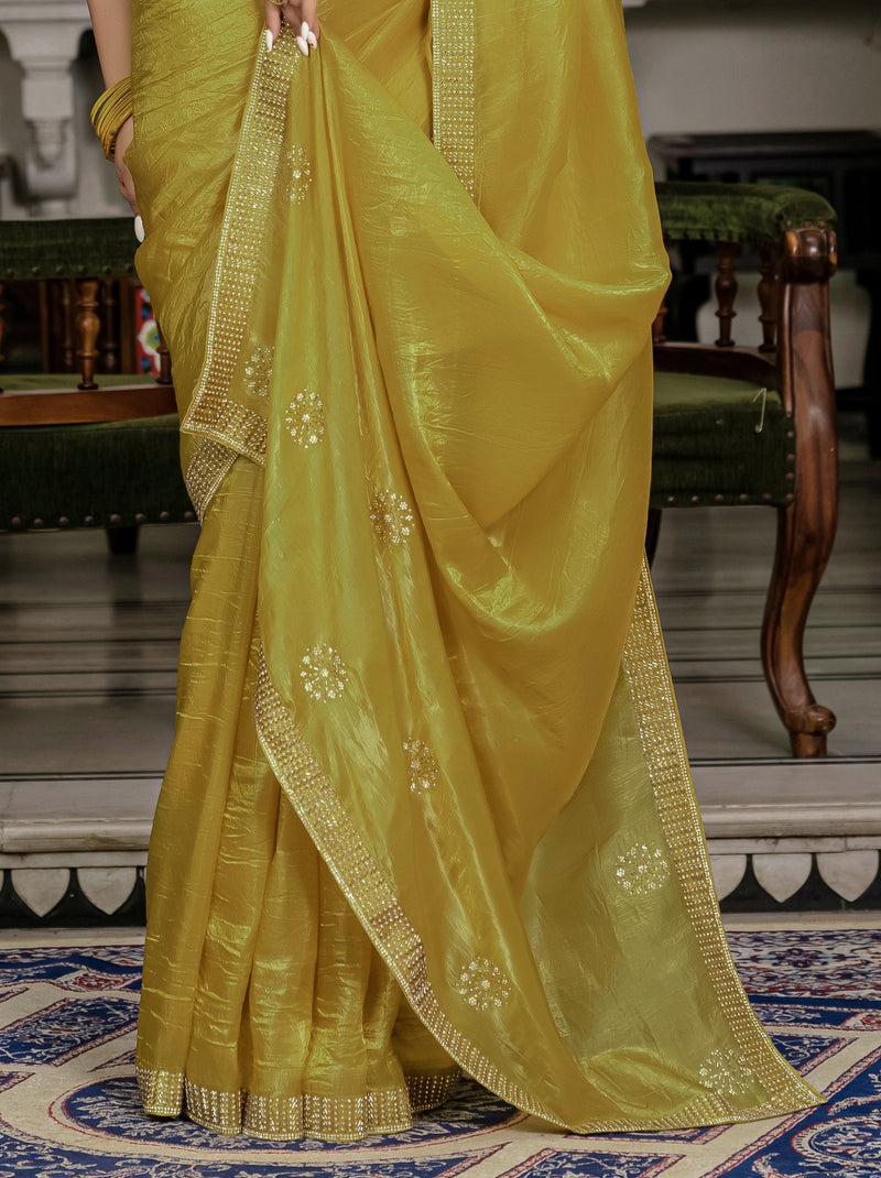 Mustard Yellow Premium Crush Silk Saree Embellished With Zircon Work