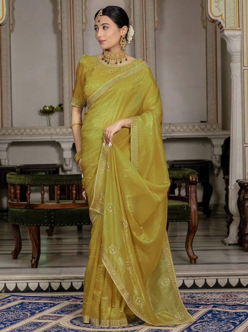 Mustard Yellow Premium Crush Silk Saree Embellished With Zircon Work