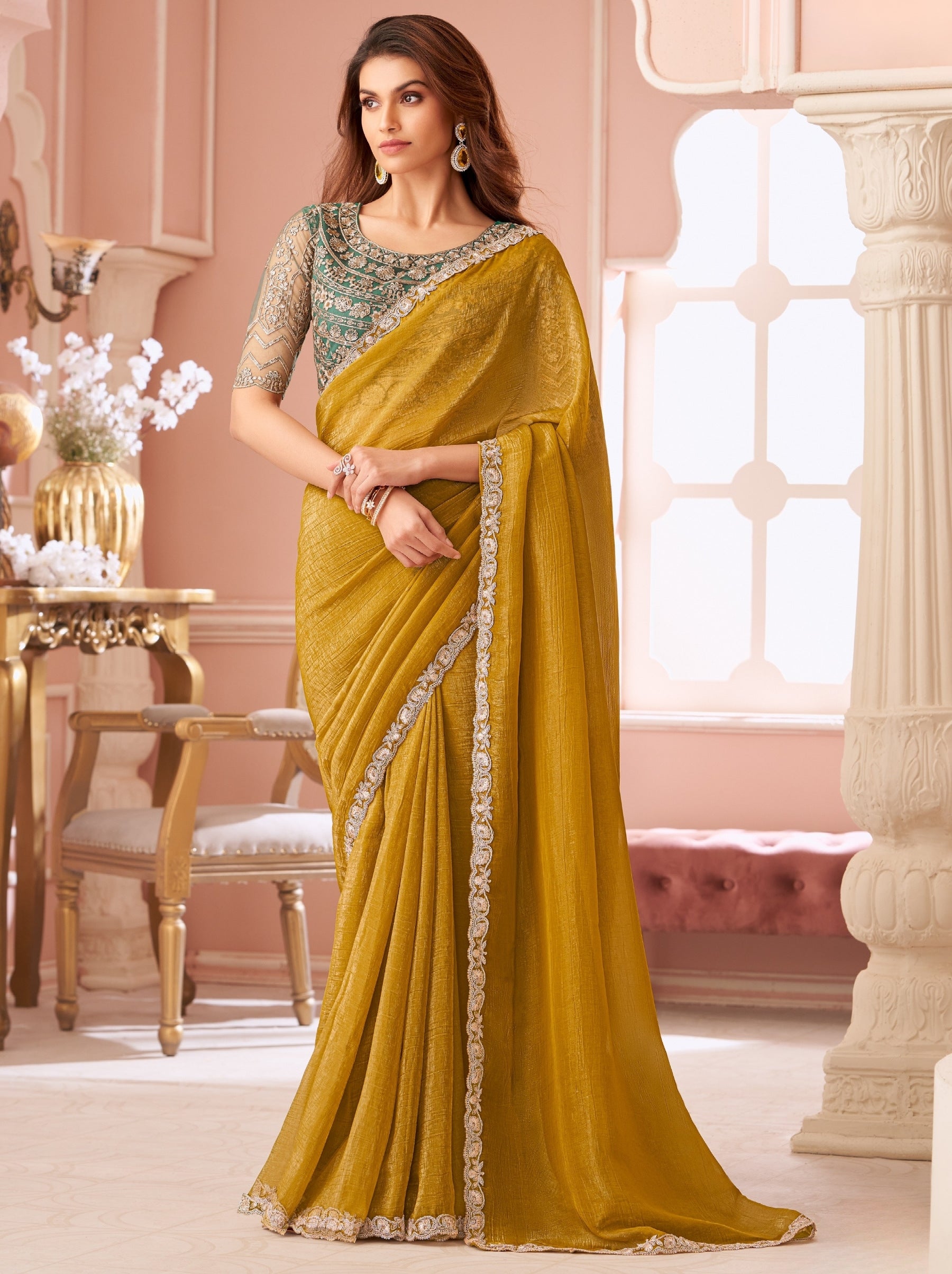 Mustard Yellow Premium Designer Party Saree - TrendOye