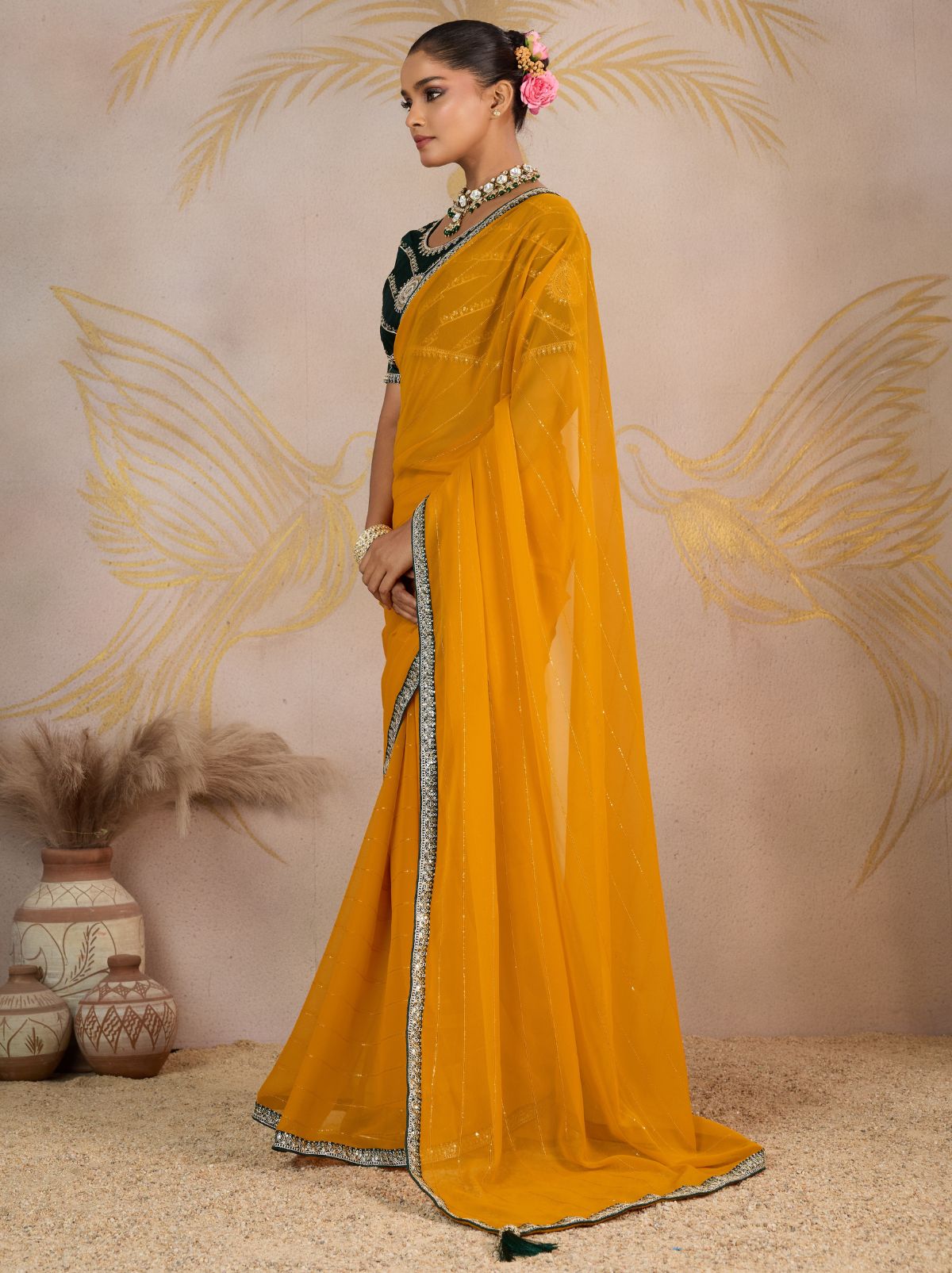 Cyber Yellow Georgette Silk Party Saree with Zari & Sequin Border