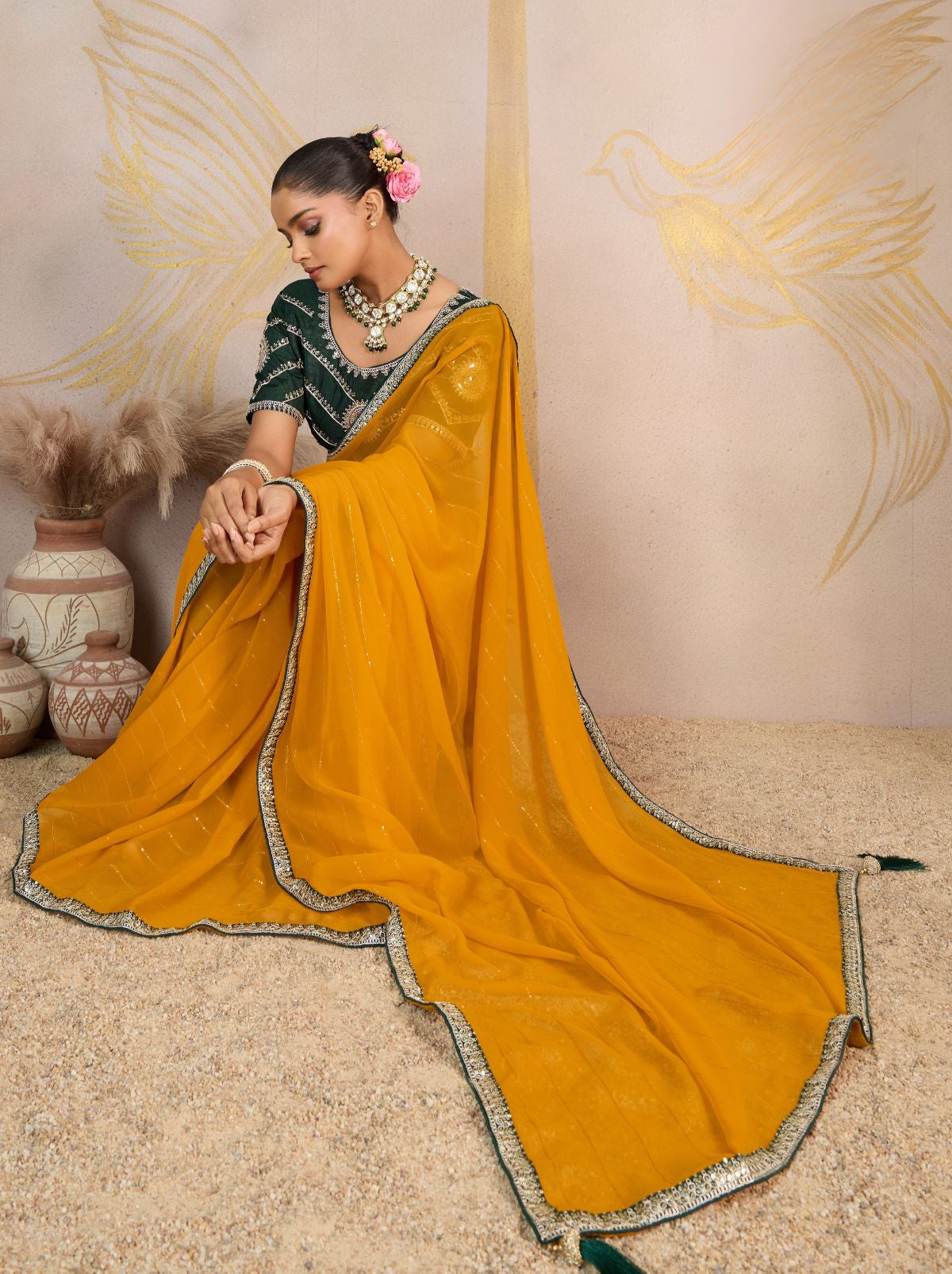 Cyber Yellow Georgette Silk Party Saree with Zari & Sequin Border