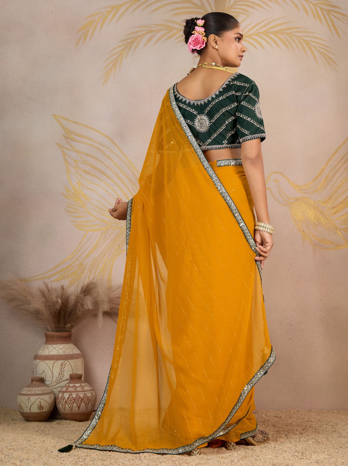 Cyber Yellow Georgette Silk Party Saree with Zari & Sequin Border