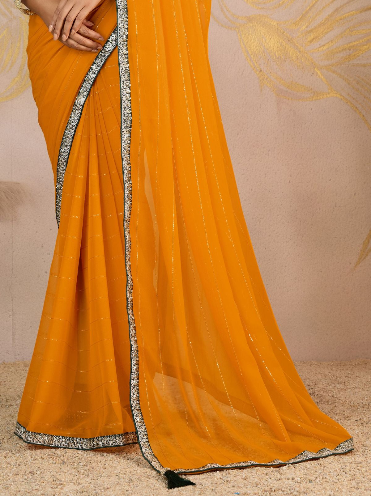 Cyber Yellow Georgette Silk Party Saree with Zari & Sequin Border